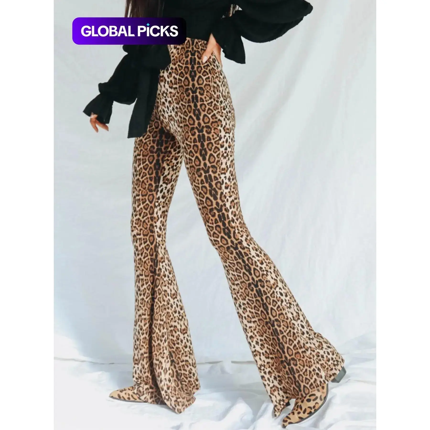 Women's Leopard Print High Waist Flare Leg Knitted Medium Fit Pants, Bodycon Flared Legs, Street Style Bell Bottom Trousers For Party Club, Ladies Bottoms For All Seasons, Womenswear
