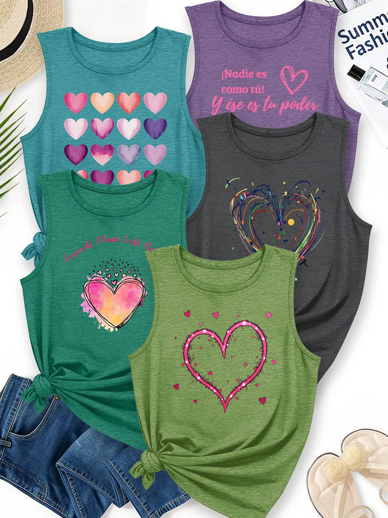 5Pcs Women Crew Neck Tank Tops, Colorful Heart Multilingual Warm Quote Print, Multi-color Washable Spring Summer Top, Soft Skin-friendly Fabric Daily Versatile Fashion Design, Graphic Tank Tops
