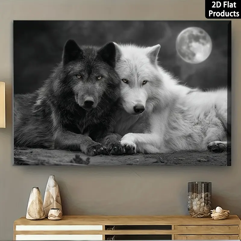 2D Flat, 1Pc Black and White Wolf with Gray Full Moon Canvas Poster |   Very suitable for home decoration |   Wall Artwork |   Suitable for living room, home office, bedroom