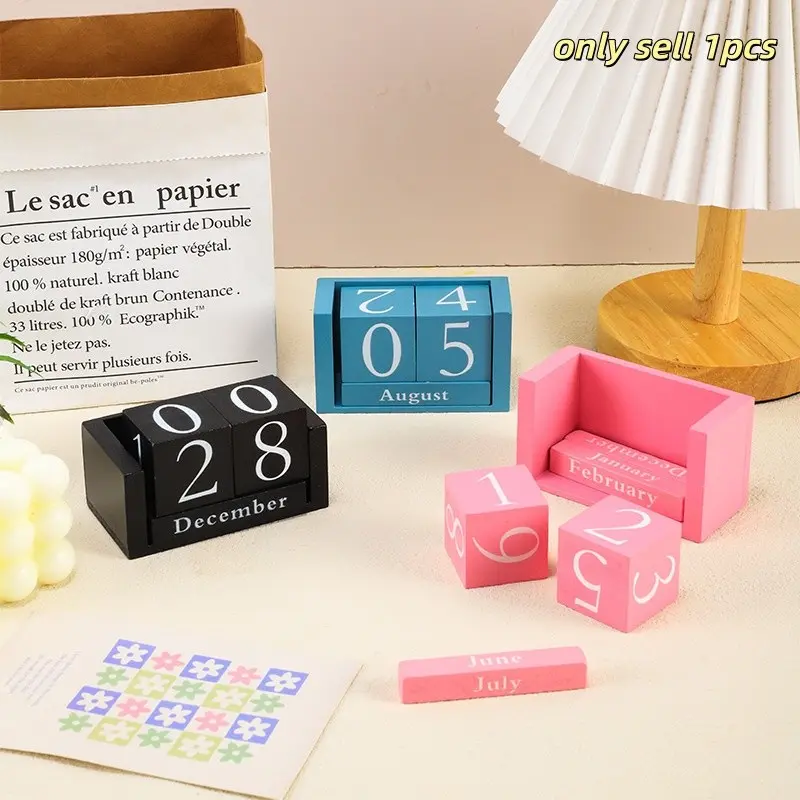 Wooden Block Yearly Calendar Desktop Decor, Free Combination Month Date Blocks, Reusable, Ideal for Desk, Office, Makeup Table, Shop