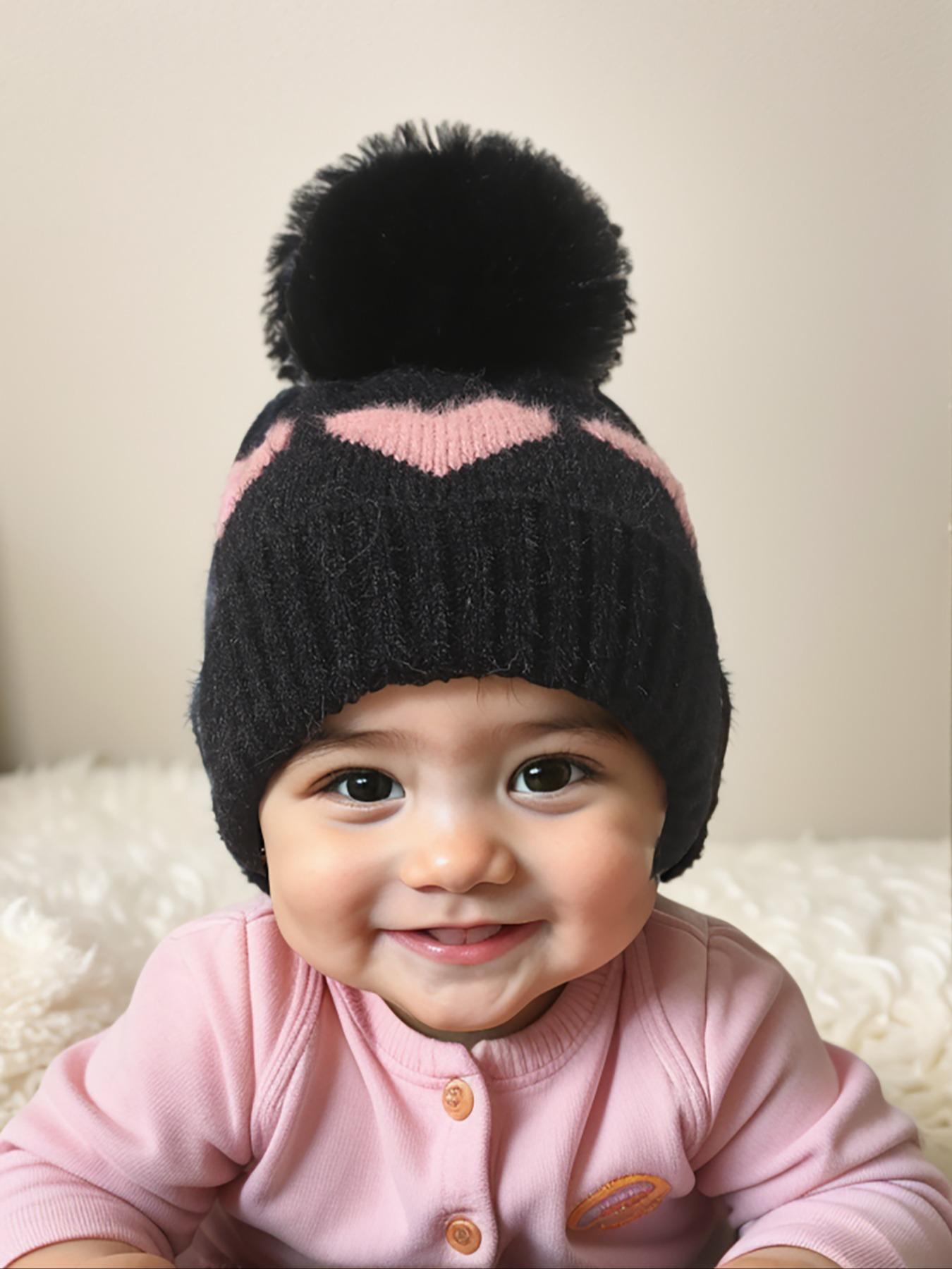 Newborn Knit Hat for Babies 1-3 Years Old, Heart Design Fuzzy Ball Beanie, Warm Winter Outdoor Cap, Casual Daily Commute Wear, Winter Skull Cap