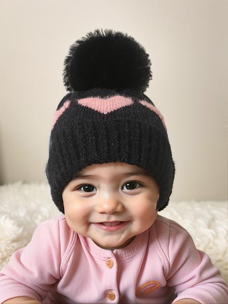 Newborn Knit Hat for Babies 1-3 Years Old, Heart Design Fuzzy Ball Beanie, Warm Winter Outdoor Cap, Casual Daily Commute Wear, Winter Skull Cap