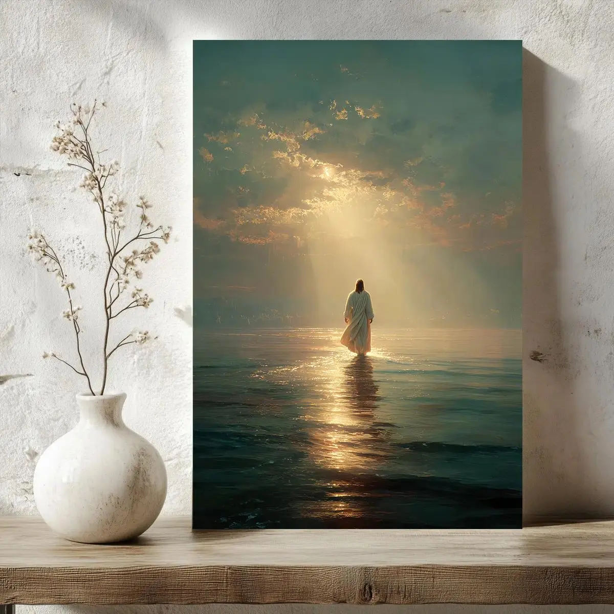 Jesus Walking on Water Canvas Painting Poster, Spiritual Wall Decor with Divine Light, Modern Christian Canvas Art, Ready to Hang Religious Artwork, Faith-Inspired Christian Gift for Home