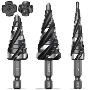 Four Spiral Flute Step Drill Bit Set, 3 Pcs HSS Step Drill Bits (1/8"-7/8") Unibit Step Drill Bit with Tool Box, 1/4" Shank Step Bits for Aluminum, Wood, Plastic, Metal