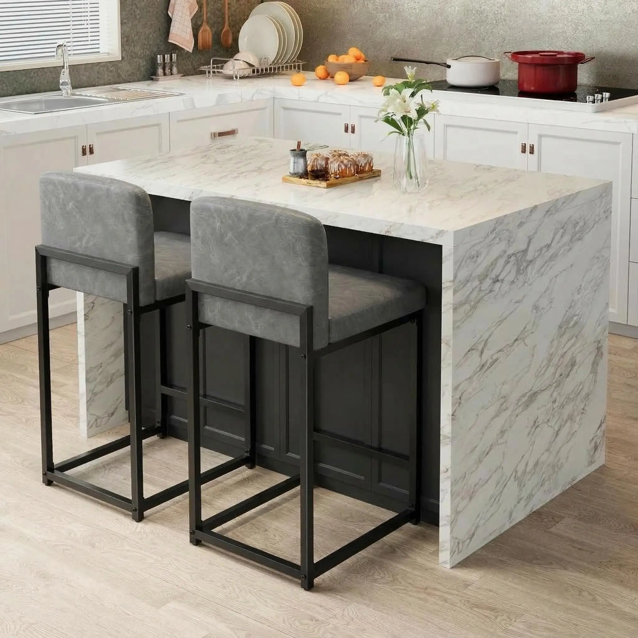 Set of 2 Mixed Grey Faux Leather Bar Stools, Upholstered Counter Chairs with Matte Black Metal Frame & Footrest for Kitchen Island & Bar
