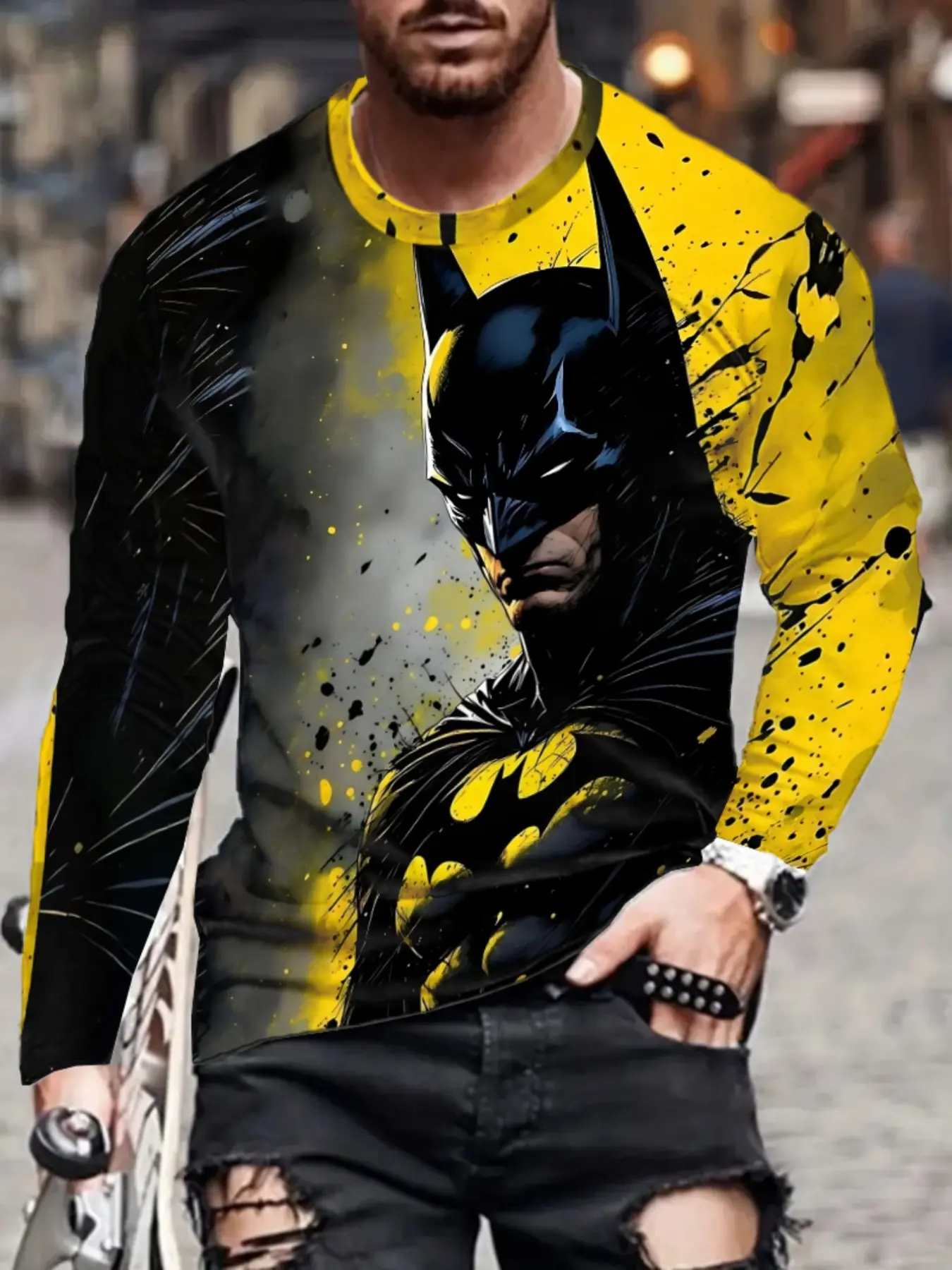 Warner Bros Men's Batman Long Sleeve T-Shirt, Colorblock Print, Casual Streetwear, Loose-Fit, All Seasons