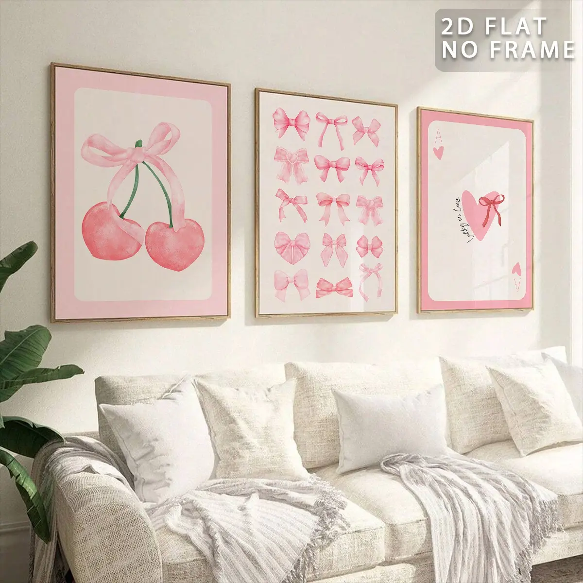 Cherry & Bow Pattern Floral Aesthetic Pattern Watercolor Floral Design Unframed Painting, 3 Counts/set Modern Wall Art Poster, Wall Art Decor for Home Living Room Bedroom Office Room Decor, Modern Home Decoration, Wall Picture Decor Decoration Items