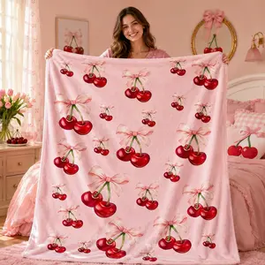 1pc Pink Bow Cherry All Over Print Fleece Blanket, Seamless Red Cherry Ribbon Bow Pattern, Sweet Girly Vintage Aesthetic Style. Soft Multi-use Throw for Sofa, Bed, Office, Camping, Ideal for Girly Style Lovers Gifts, Soft Cozy Blanket.