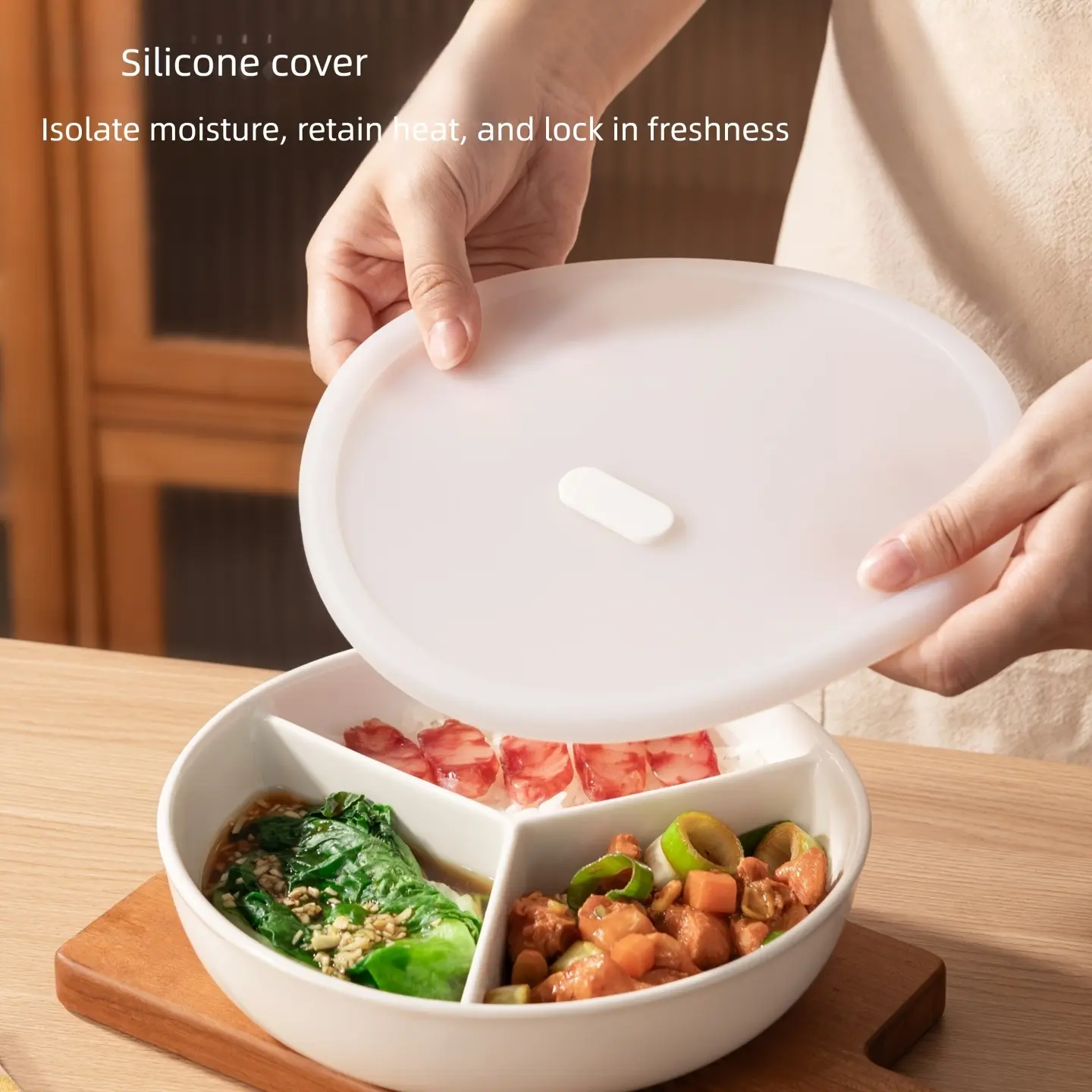 3-Compartment Divided Meal Tray with Lid – Microwave-Safe Silicone Food Prep Container for Lunch & Dinner – Airtight Food Storage Bowl with Sealable Lid Airtight Bowls