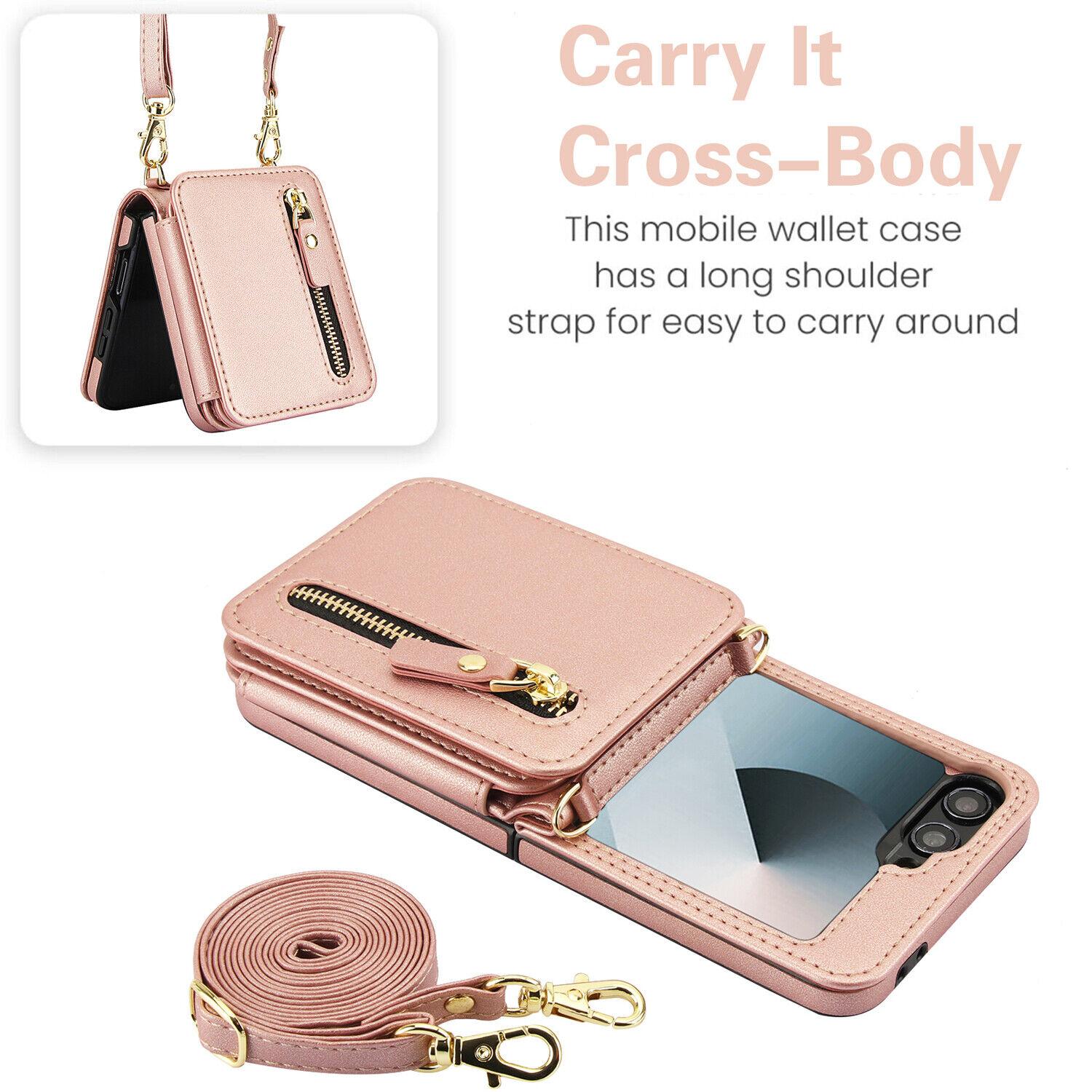 [FREE!SHIP] for Samsung Galaxy Z Flip 6/5/4/3 5G Wallet Case with Built-in PU Leather Cash Slot Zipper Purse with Credit Card Slot Holder Carrying Handbag Stand Phone Case Hinge Protection Adjustable Lanyard for Women Ladies