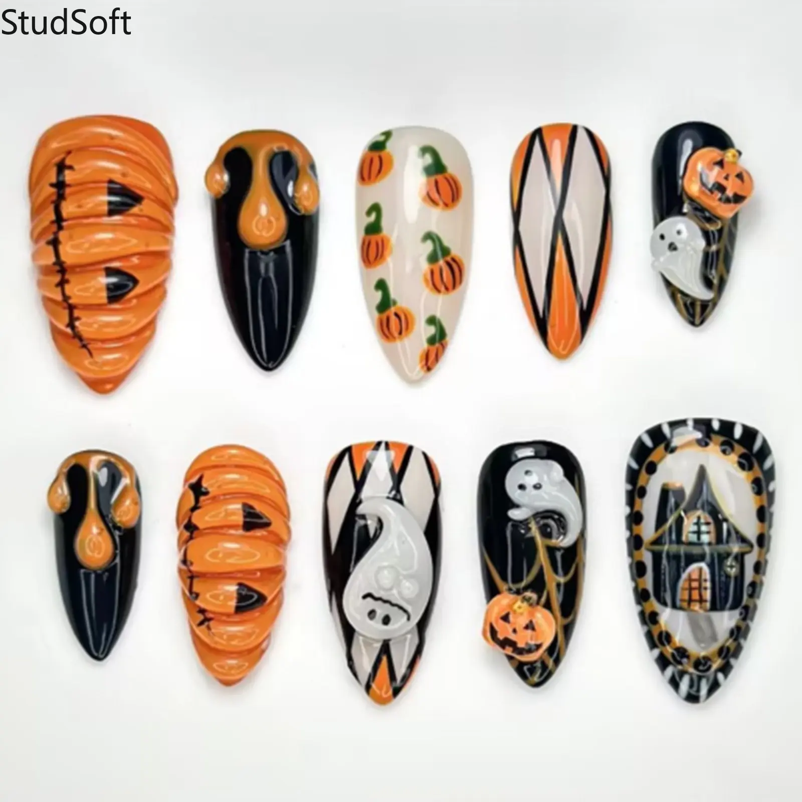 30Pcs Handmade Halloween Press On Nails Almond Fake Nails 3D Pumpkin Ghost False Nails Gothic Wearable Nails Art Tips for Women Girls