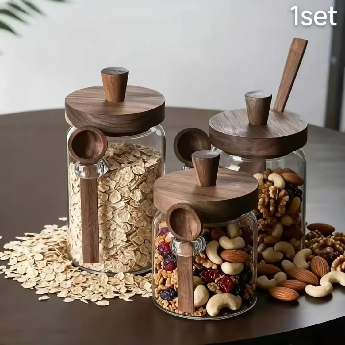 Airtight Borosilicate Glass Storage Canister Set with Wooden Lids & Spoons, Leak‑Proof Food‑Safe Containers, Decorative Pantry & Coffee Bar Organizer for Coffee Beans, Tea, Sugar, Nuts, Candy, Spices, Bath Salts, Essential Modern Kitchen Accessories
