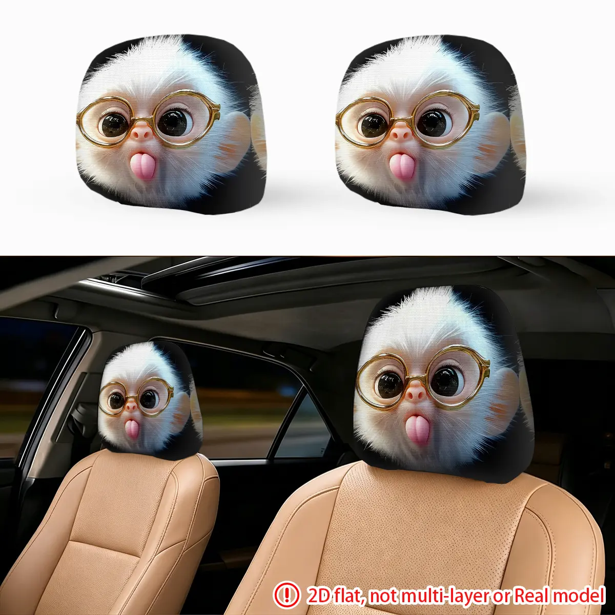 2pcs white cartoon monkey car seat pillowcase with glasses, stylish and durable design for car headcases, universal and applicable