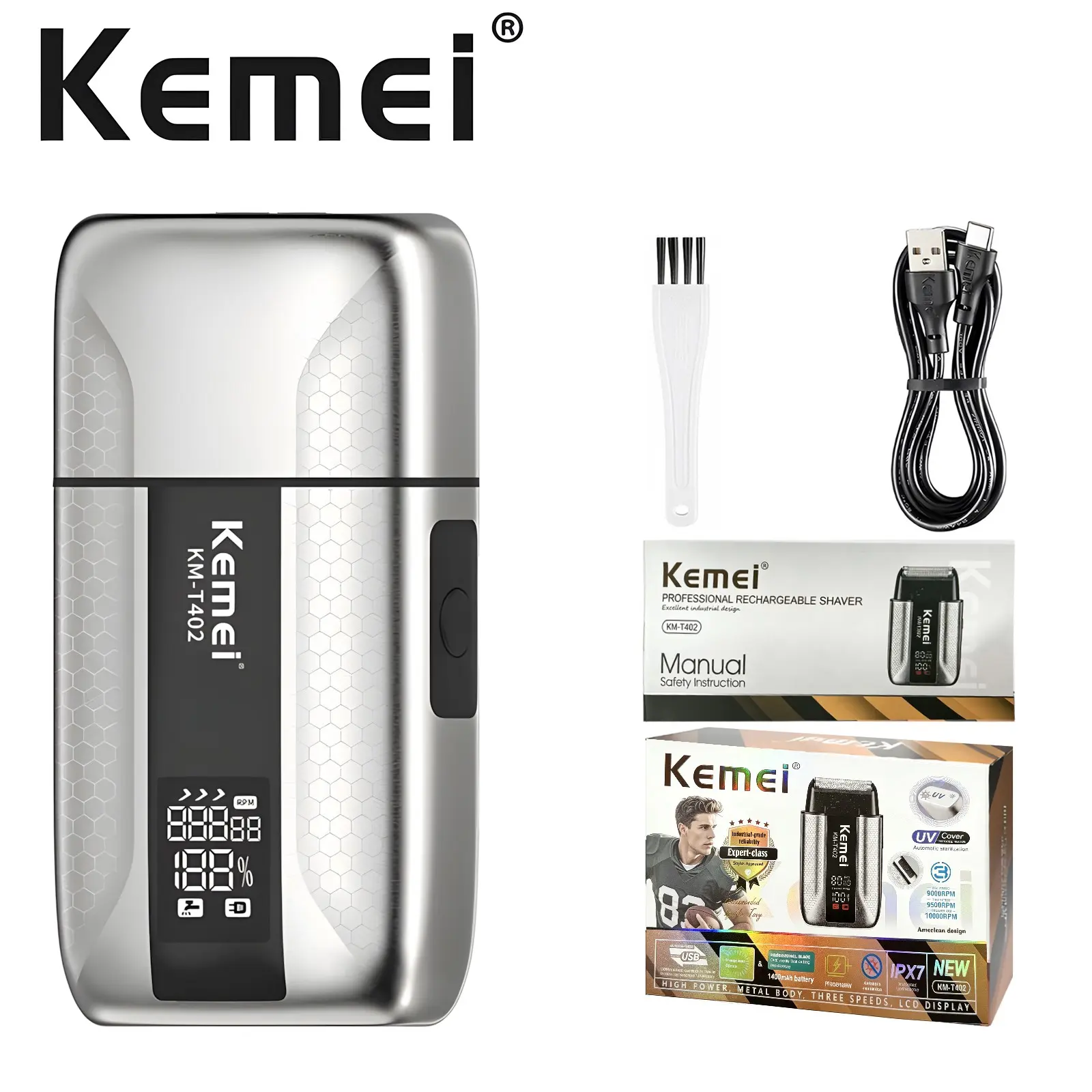 Kemei T402 UV Disinfected Metal Dual-Blade Razor, Professional Barber Reciprocating Shaver, Men's Bald Head Trimmer, Precision Grooming Tool