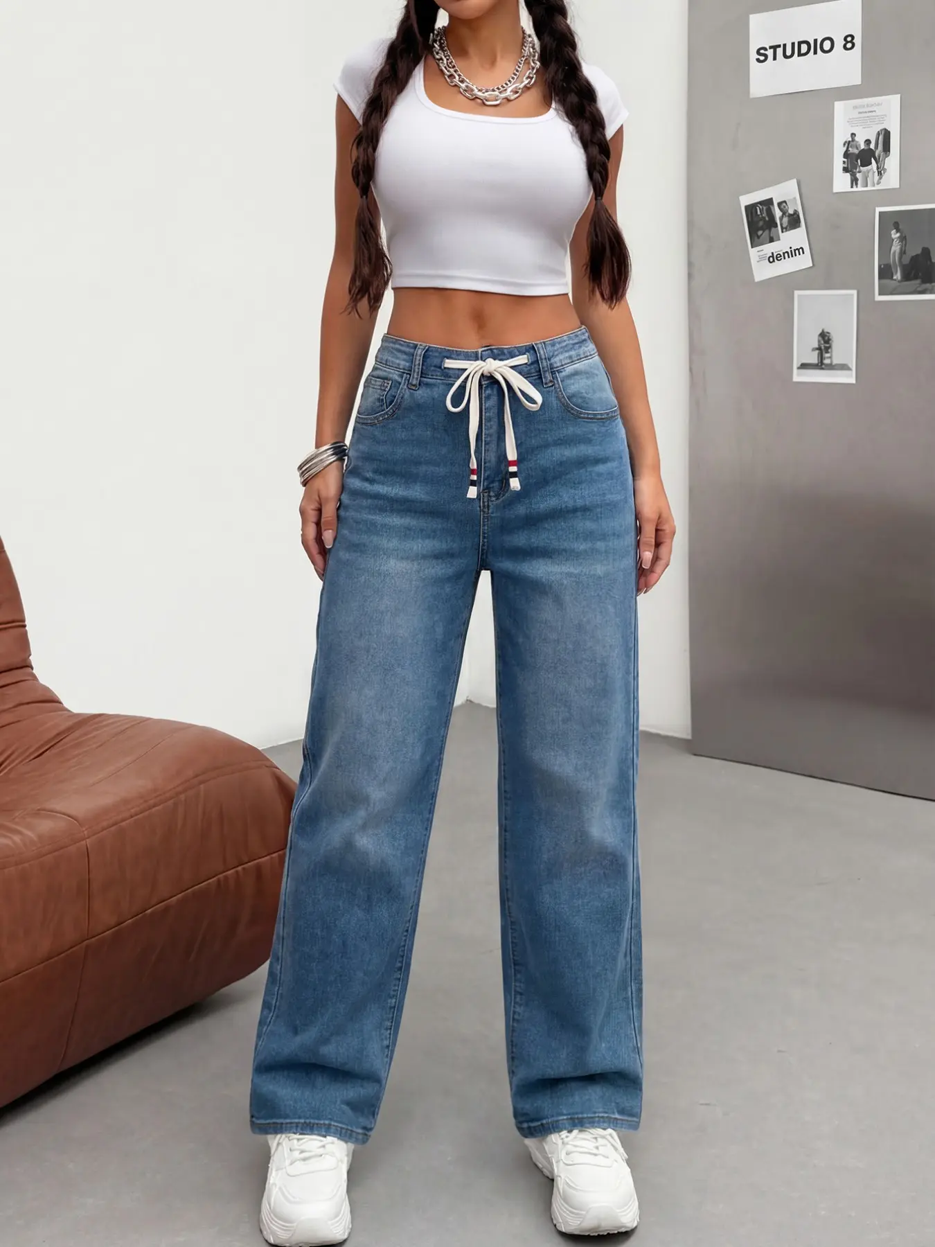 Women's Drawstring Denim Jeans, High Waist Long Pants, Elastic Comfortable Fabric, Fashionable All-Seasons Wear, Wide Leg Straight Fit