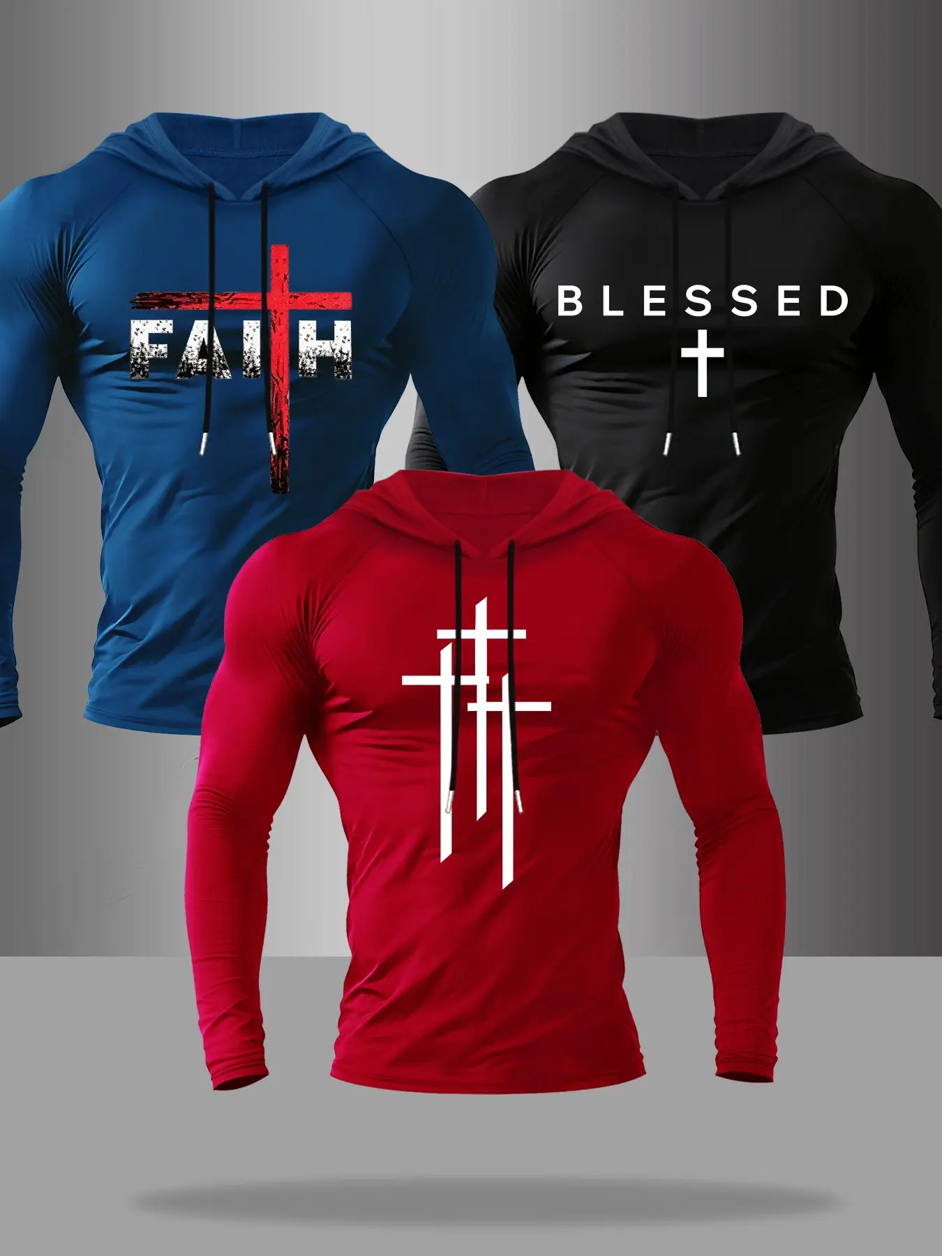 Men's Cross Letter Graphic Print Fitted Long Sleeve Drawstring Hooded T-Shirt, Casual Christian Style, All Seasons, Unlined Top#MensHoodedTee #FaithApparel #CrossPrintTop #GymFitnessWear #TikTokFashion #TrendingMens #ChristianStyle #OOTDMen