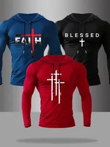 Men's Cross Letter Graphic Print Fitted Long Sleeve Drawstring Hooded T-Shirt, Casual Christian Style, All Seasons, Unlined Top#MensHoodedTee #FaithApparel #CrossPrintTop #GymFitnessWear #TikTokFashion #TrendingMens #ChristianStyle #OOTDMen