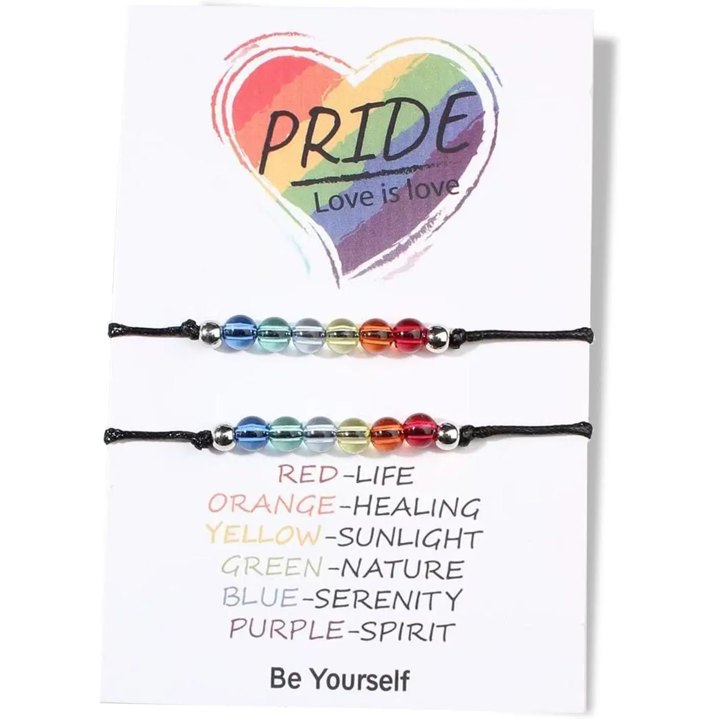 QIXCOZT LGBTQ+ Pride Rainbow Beads + Cord Bracelets Set of 2, Modern Braided Adjustable Size Accessories for Pride Events, Rainbow Hues Costume Jewelry for Adults