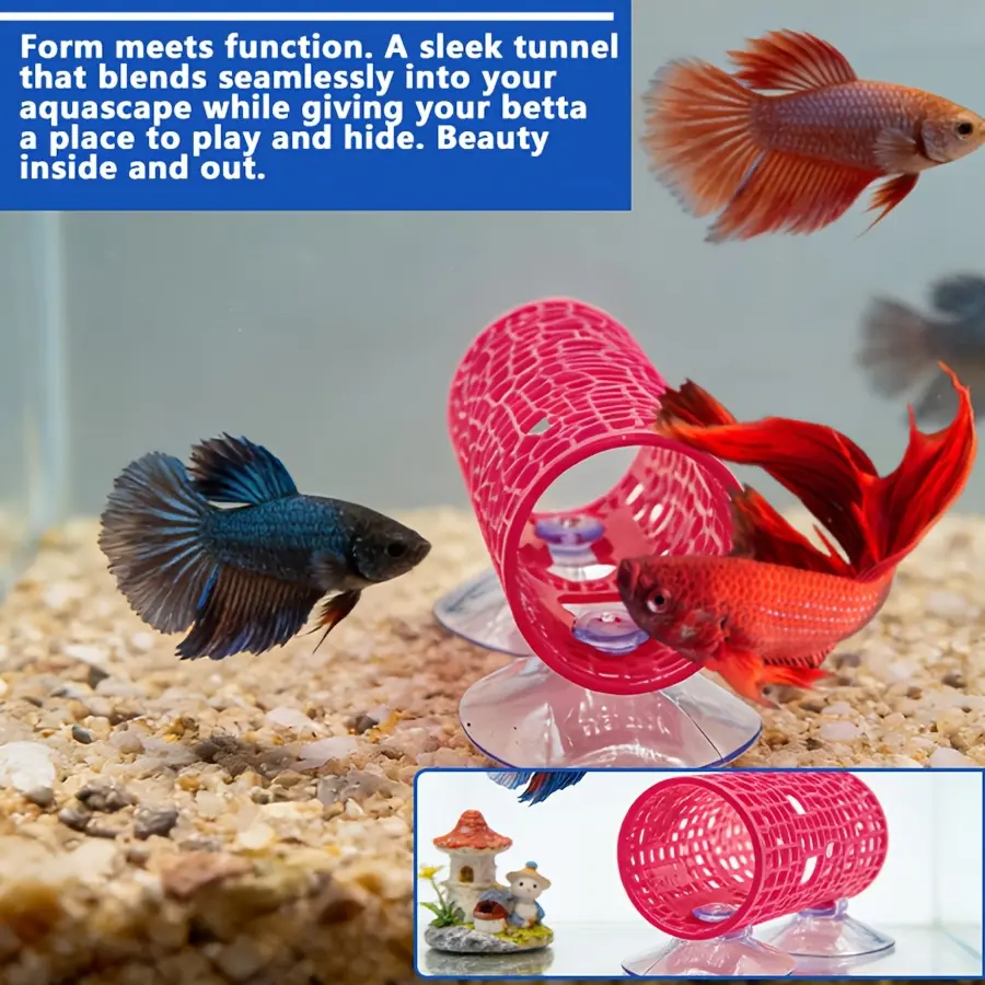 3pc Betta Fish Hiding Spot Set Pack - Durable Plastic Aquarium Decor Ornaments, Tunnel Shape Aquarium Accessories with Suction Cup, Ideal for Small Fish