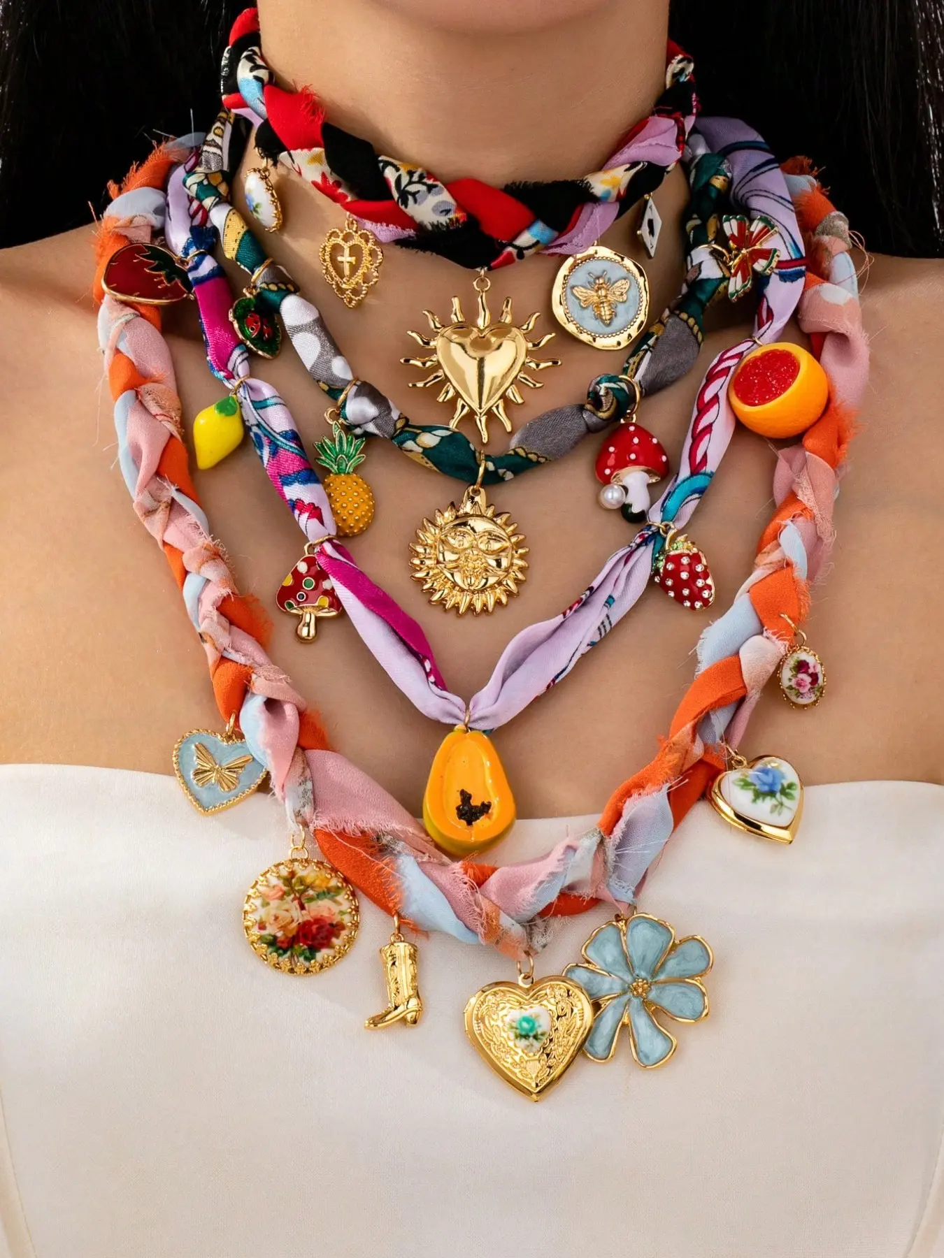 4 Pc Heart Locket Fruit Charms Necklace for Women, Elegant Scarf Necklace with Sunburst Pineapple Orange Charm Pendant, Women Stackable Layering Necklaces Heart Design Jewelry