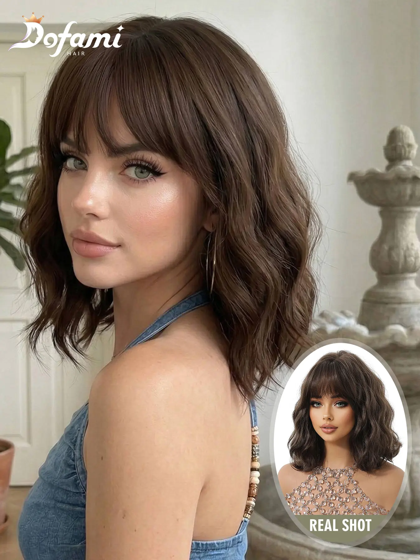 Mechanical Fiber Short Wavy Bob Wig, Deep Natural Shoulder-Length, Bangs for Face Shape, Realistic Look, Style, Synthetic Wig