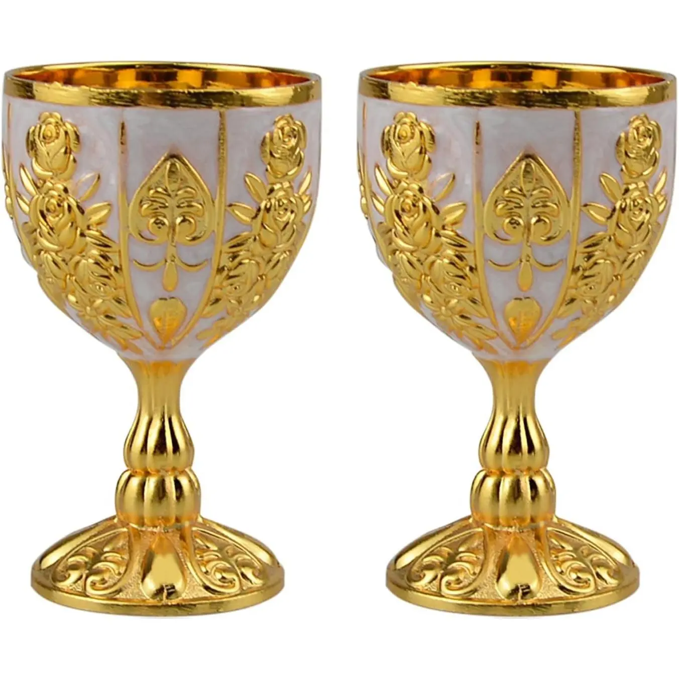 2Pcs Vintage Chalice Medieval Goblet, 30Ml Brass Wine Glass Cups (White) | for Wedding Anniversary, Gold Goblet Cups, for Renaissance Gifts Novelty Ceremonial Catholic Church Baptism Holy