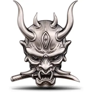 Samurai Metal Car Sticker, Hannya mask Decal, Ghost Fangs Warrior Emblem, Devil Death Skull Cool Badge Automotive, Truck, Motorcycle (Gun Color)