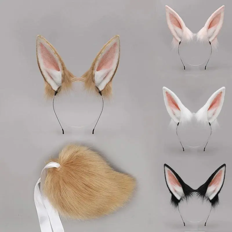 Realistic Furry Bunny Ears Headband with Plush Tail Cosplay Props for Carnival Party Halloween Costume Accessories