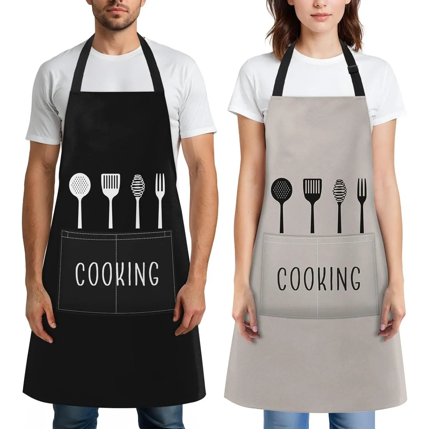 Couples Aprons 2-Pack Set, Playful and Funny 'Smile Happy' Graphic with Pockets for Men & Women, Affordable Fashion for Daily Kitchen Cooking, No Warning Applicable, Smile Happy Aprons