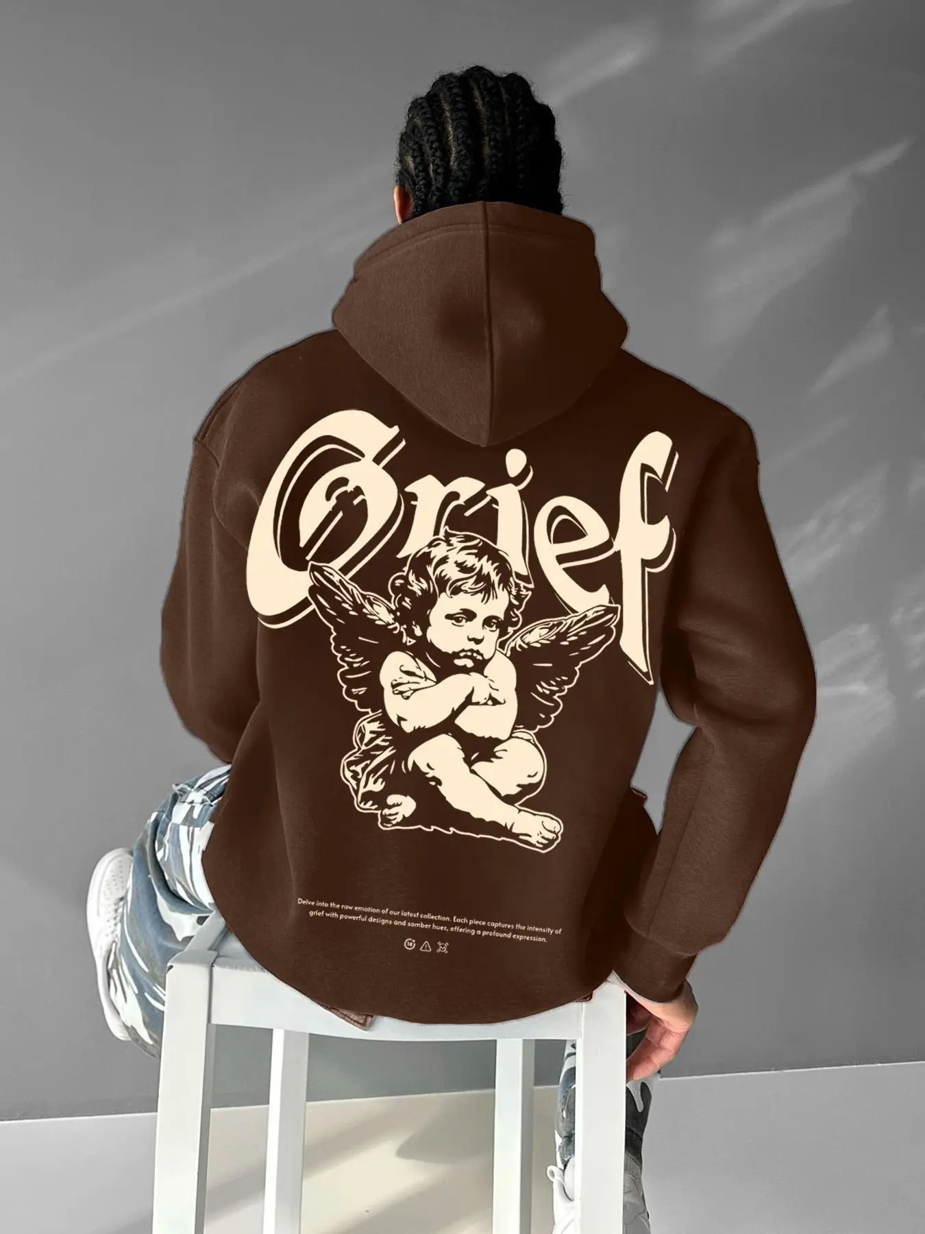 Men's Angel Print Thermal Lined Hoodie, Street Fashion Loose Long Sleeve Hooded Sweatshirt for Daily Holiday Outdoor Wear, Men Clothes for Fall & Winter, Casual Streetwear Pullover, Everyday Hoodie