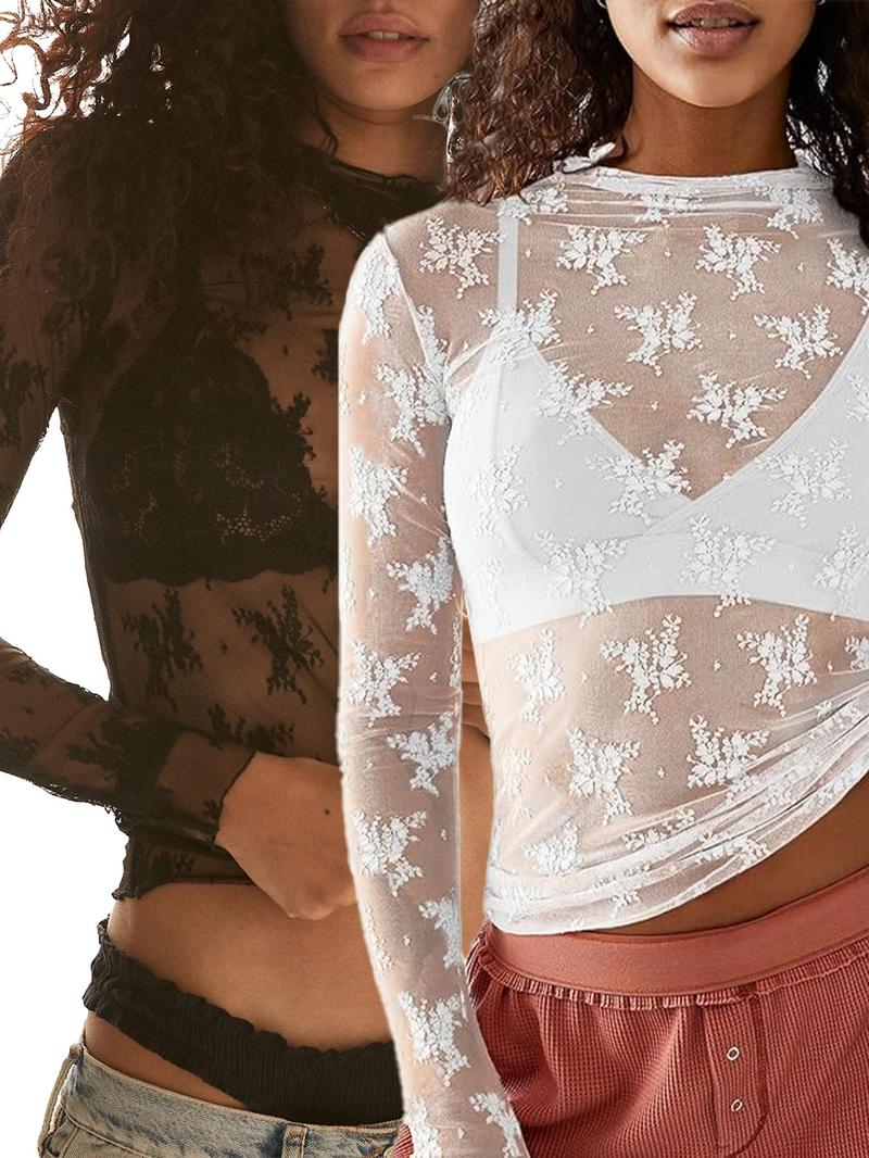 26 Valentine's Day Women's Sexy Sheer Lace Long Sleeve Top, Floral Leopard Pattern, Inner Wear Outerwear, Multi-Color Bottoms, Stylish and Seductive