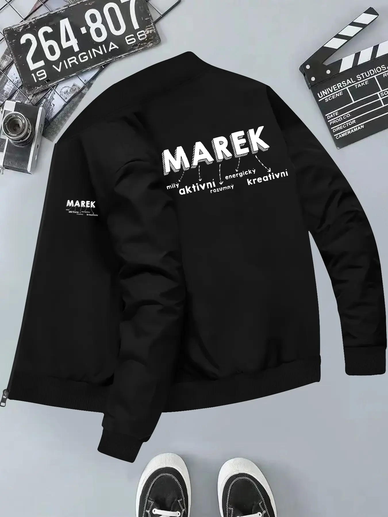 Simple English Slogan Design Men's Hooded Casual Jacket, Long Sleeve Geometric Pattern, Slim-Fitting, All Seasons