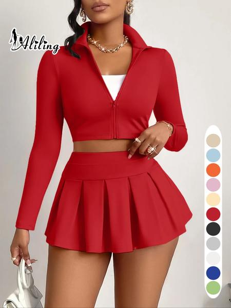 Aliling Casual Women's Two-Piece Set, Spring & Fall Long Sleeve Zipper Crop Top, High Waist Short Pleated Skirt, Slim-Fitting Crop Top and Skirt