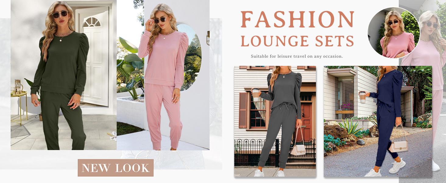 Sweatsuits for Women 2 Piece Outfits Puff Long Sleeve Crewneck Pullover Sweatshirt Jogger Lounge Sets