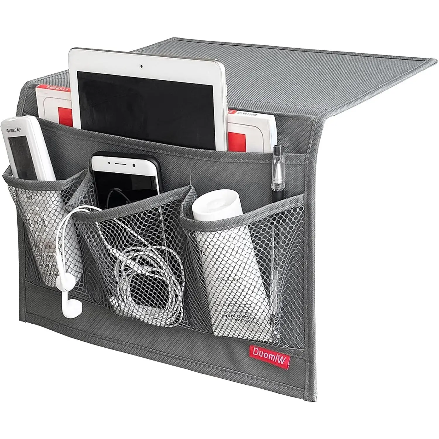 Grey Oxford Cloth Bedside Storage Organizer - Mesh Insert, 33x44cm, for TV Remote Controls, Phones, Magazines, Tablets, Accessories (Indoor Furniture Storage Solution)