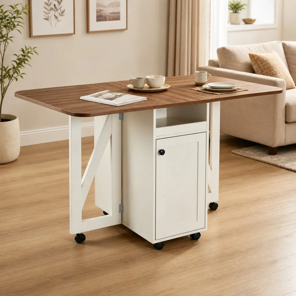 ARCH Foldable Drop Leaf Dining Table - 2-Tone Compact Narrow Rolling Kitchen Island Cart with Drop Leaf Top, Compartments, Storage Cabinet, Wine Rack, Rolling Wheels, Portable for Multi-Use Space (Beige White/Walnut), Two-Tone Look, Dining Tables