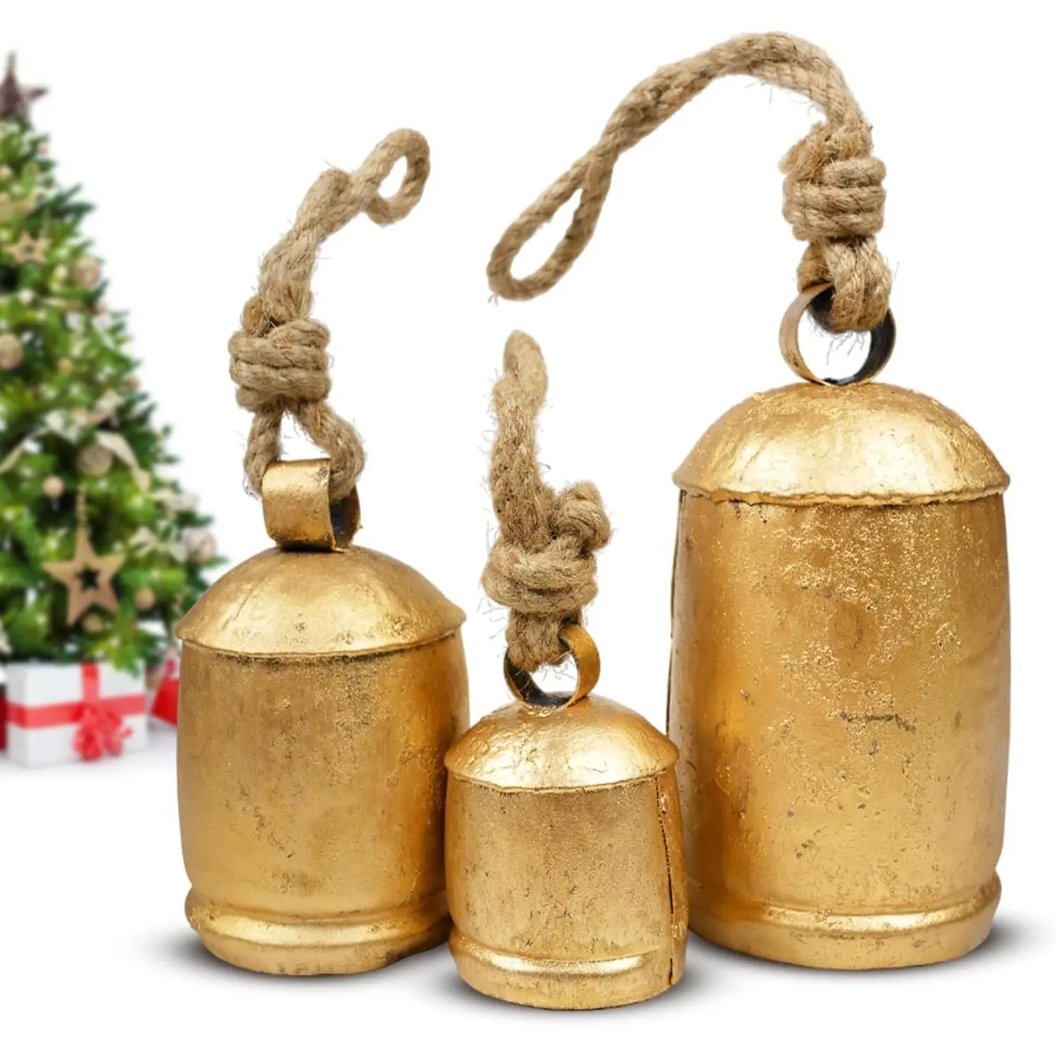 Set of 3 Giant Harmony Rustic Gold Christmas Bells for Decoration - Perfect for Cow Bell, Door Hanging, Staircase, Wall (Large)