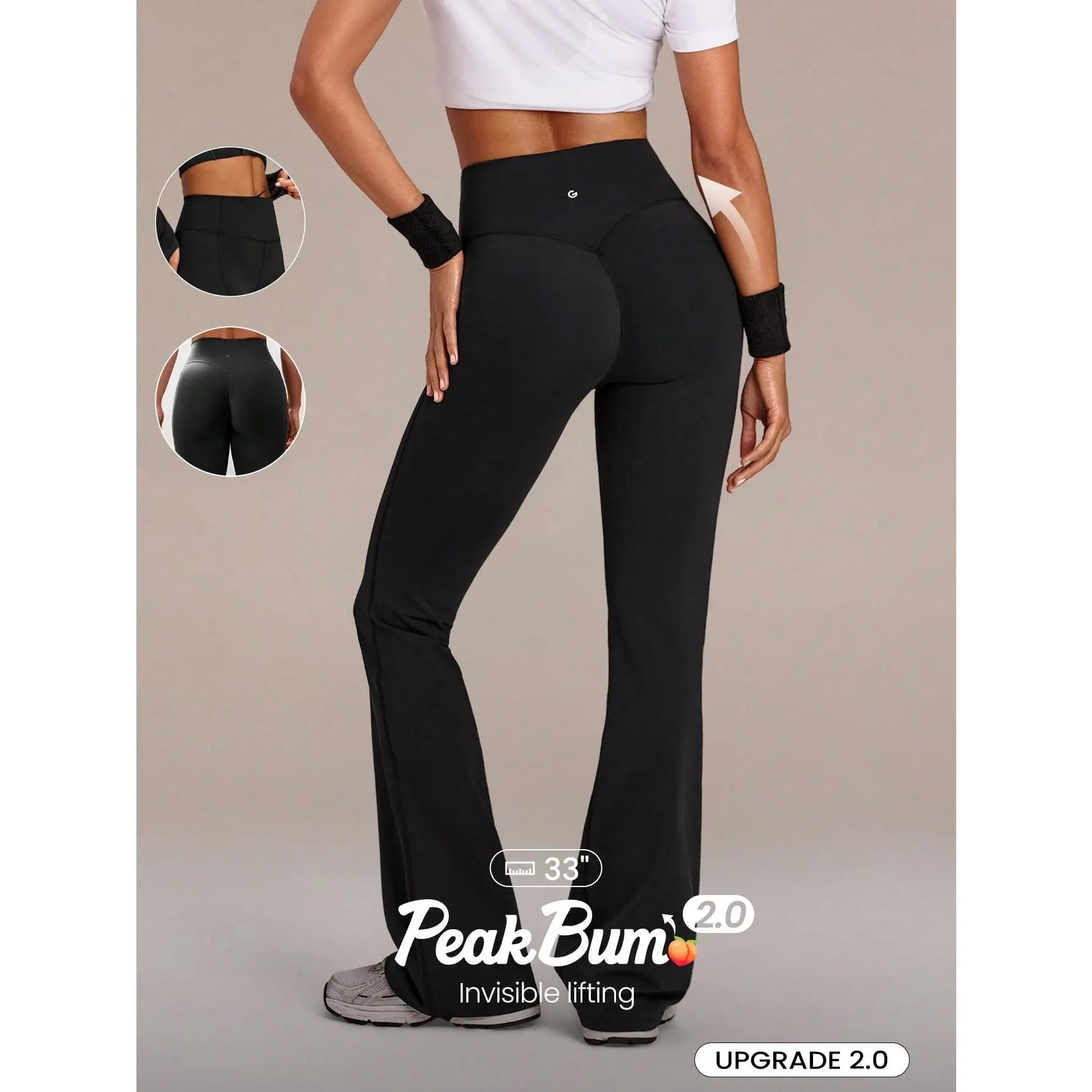 GLOWMODE 33" Powersculpt StudioShape Peakbum Flare Leggings With Mesh Paneling Drawstring Anti-Roll Down Waist High Impact Training Workout Gym Fitness Wear