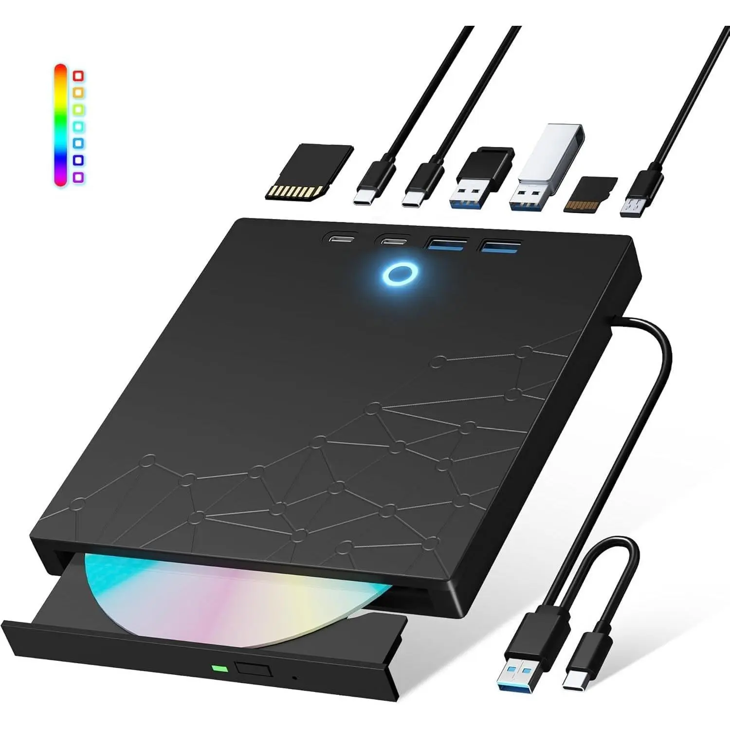 External CD/DVD Drive for Laptop 8-in-1 LED USB 3.0 CD Reader for PC | Portable external disc drive with SD/TF Card Slots DVD Drive Usb External Optical for MacBook Windows 11 10 Linux OS