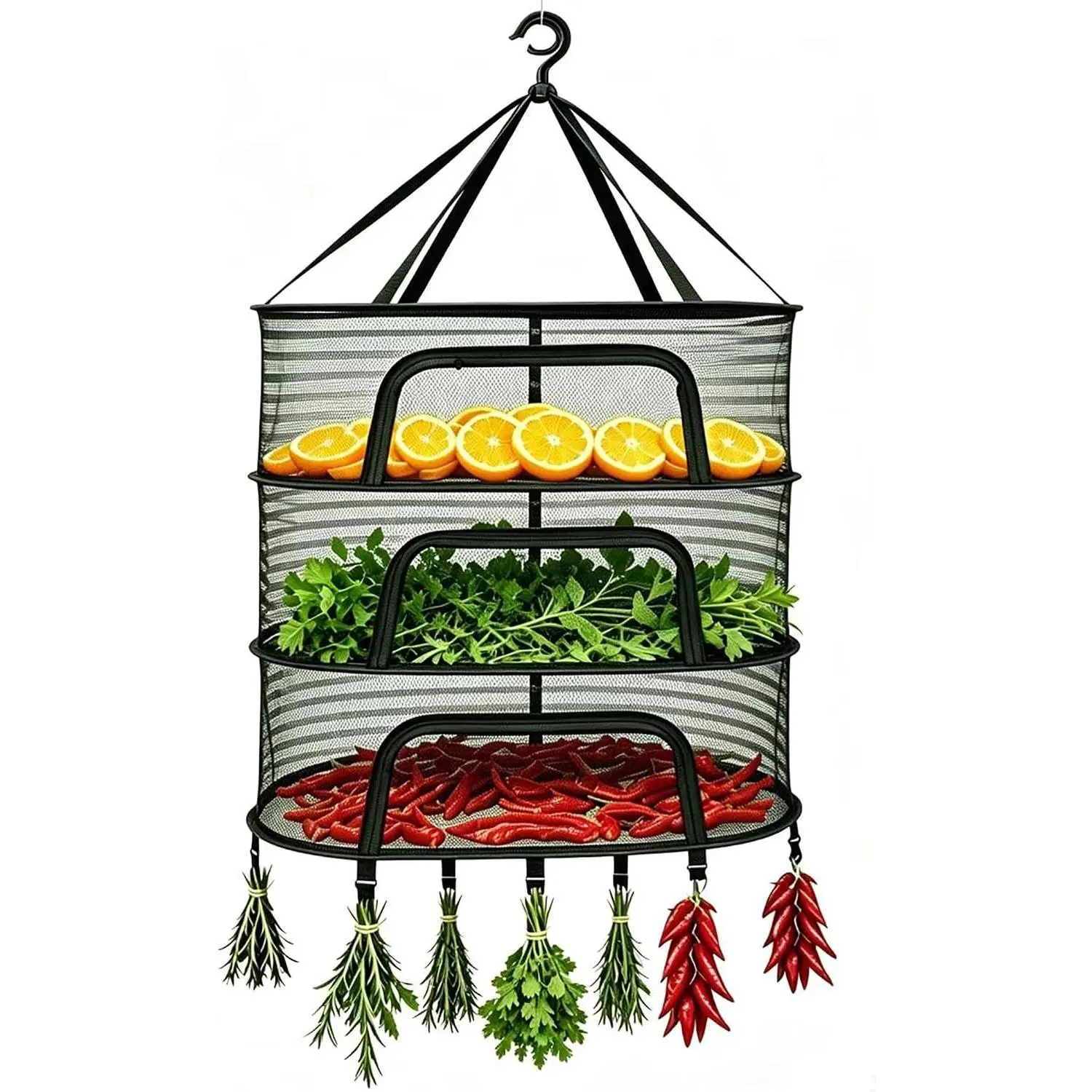 Herb Drying Rack 3-Tier Hanging mesh Dry Rack Foldable with 8 Clips | Clothing Drying Racks,3-layer capacity,dries clothes/herbs/toy/fruits/indoor/outdoor,traval-friendly,gift（black）