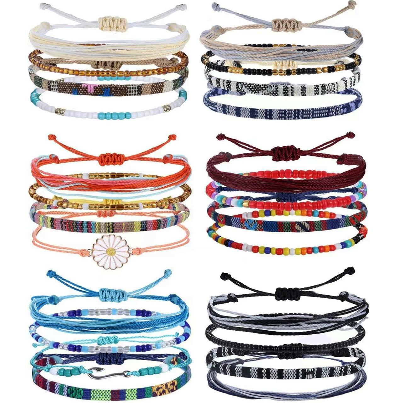 4 /24 Pcs Boho Surfer Bracelet Anklets Braided Bracelet Colorful String Rope Ankle Bracelets Waterproof Summer Beach Jewelry