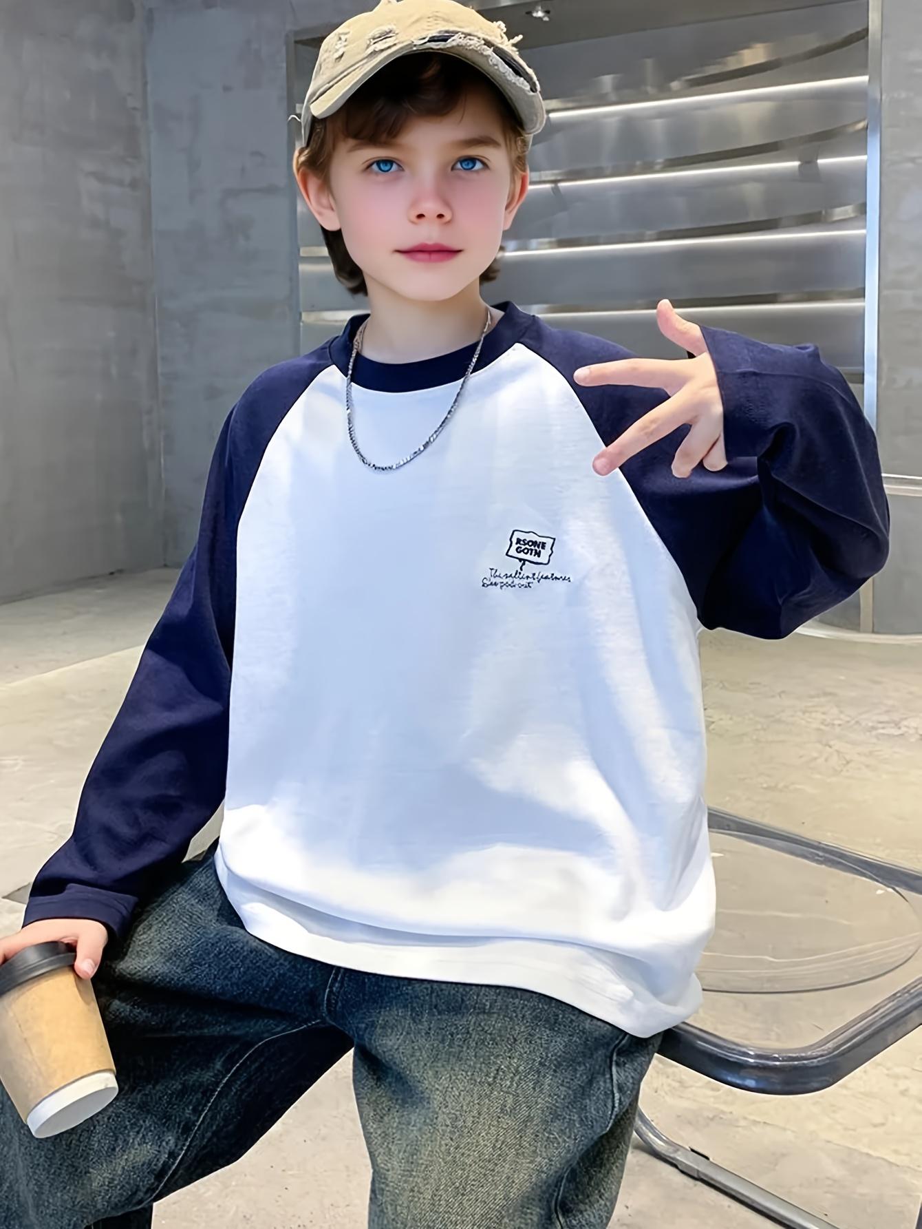 Boys' Long Sleeve T-Shirt with Contrast Color Block & Raglan Sleeves - Oversized H-Line Fit, Round Neck Casual Shirt for Spring/Fall Layering, & Outdoor Play - Easy-Care Kids' Top (White/Black/Navy)(Gift)11
