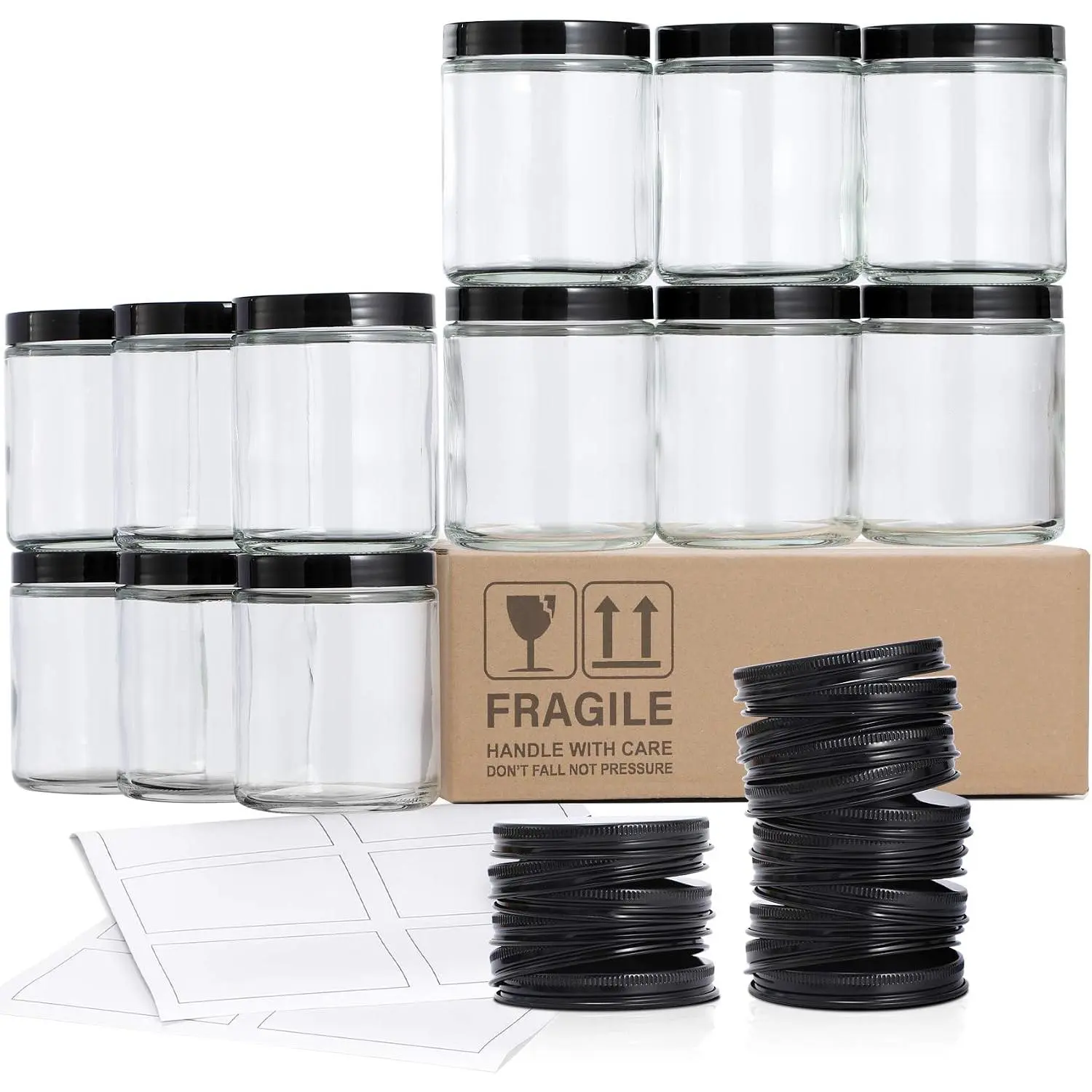 12 Pack, 8 OZ Clear Candle Jars For Making Candle, Thick Glass Jars with 12 Metal & 12 Plastic  - Empty Round  Storage Containers, Canning Jar For , , Liquid, Sample -  Grade