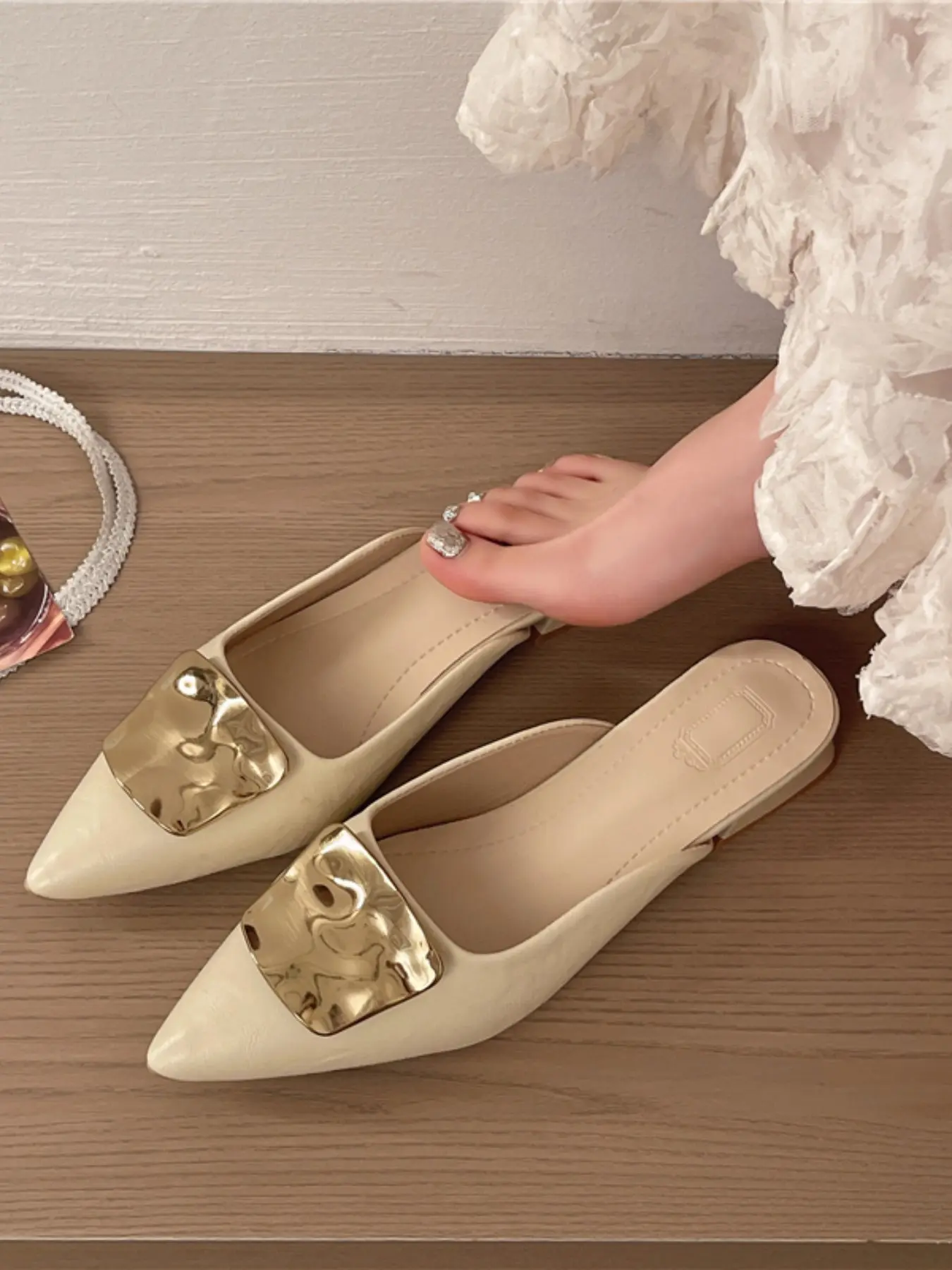 Women's Irregular Crinkled Gold Metal Decor Pointed Toe Low Block Heeled Mules Slide Sandals Backless Slip On Soft Faux Leather Non Slip Office Daily Casual Footwear Cream Black Brown Silver Four Neutral Colors