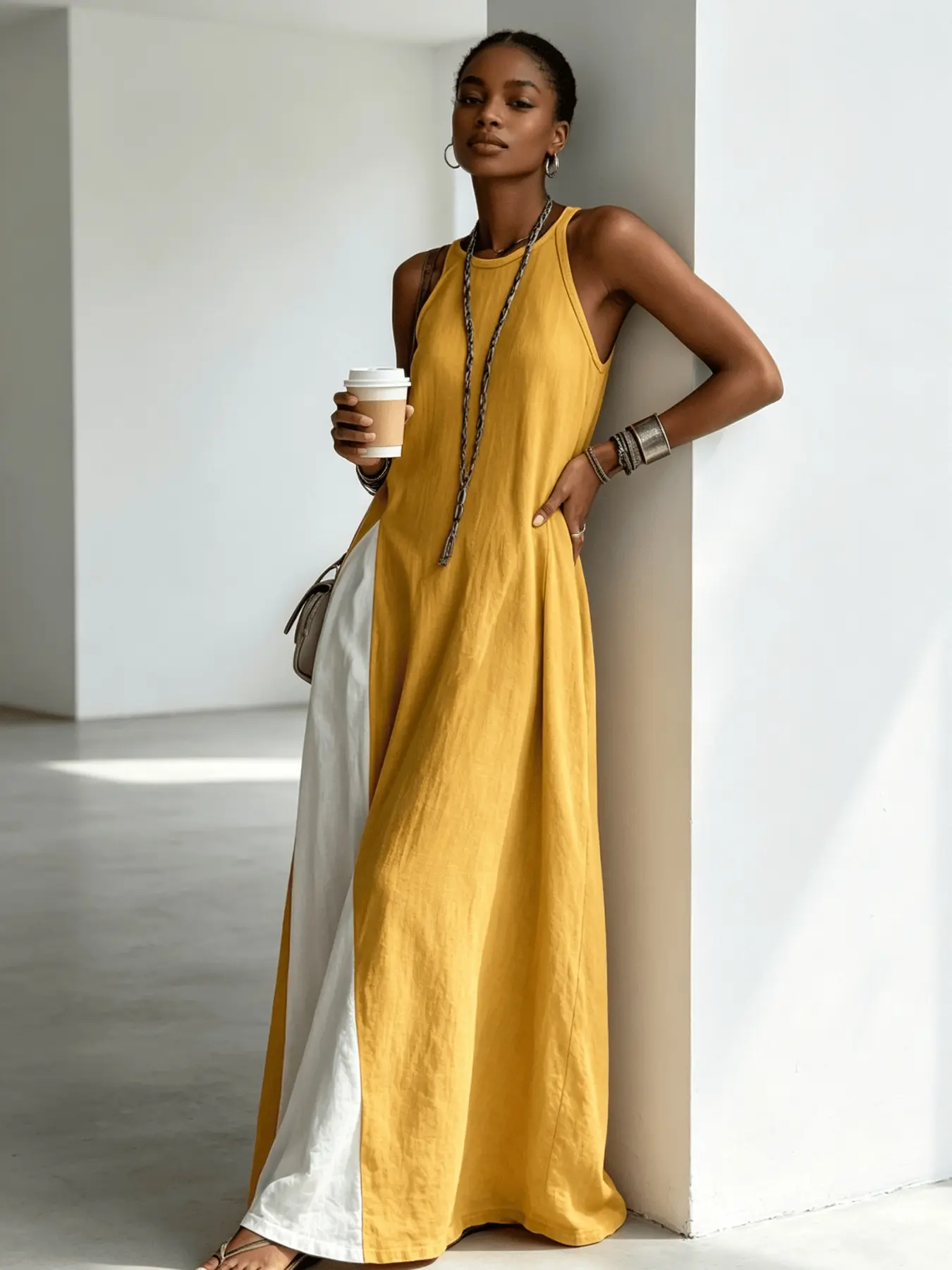 Casual Boho Chic women's color-blocking dress with sleeveless vest, draping and flesh-concealing long skirt, Boho summer dresses, Bohemian Casual Dress, suitable for summer, beach vacation, dating, afternoon tea