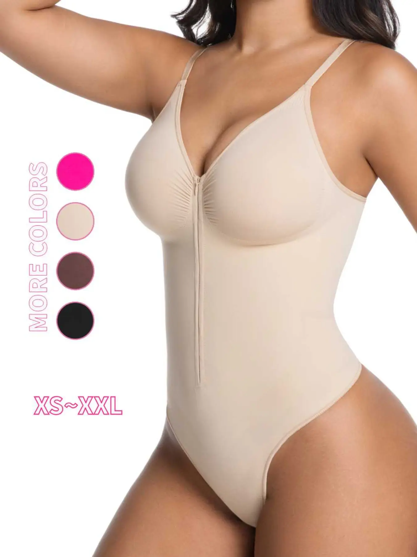 Women's Seamless Shapewear Bodysuit, Adjustable Straps V-Neck, Front Zipper, Tighten Abdomen, Sexy Style, All Seasons, Easy to Wear, Fashion Shapewear
