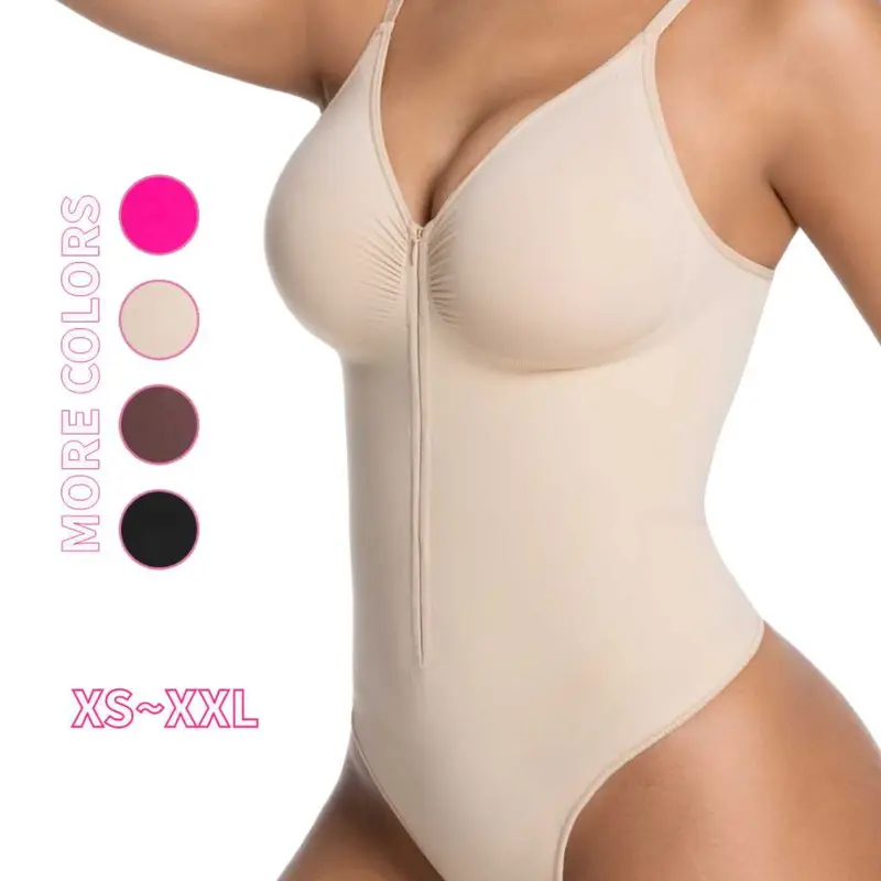 Women's Seamless Shapewear Bodysuit, Adjustable Straps V-Neck, Front Zipper, Tummy Control, Sexy Style, for All Seasons, Easy to Wear, Fashionable