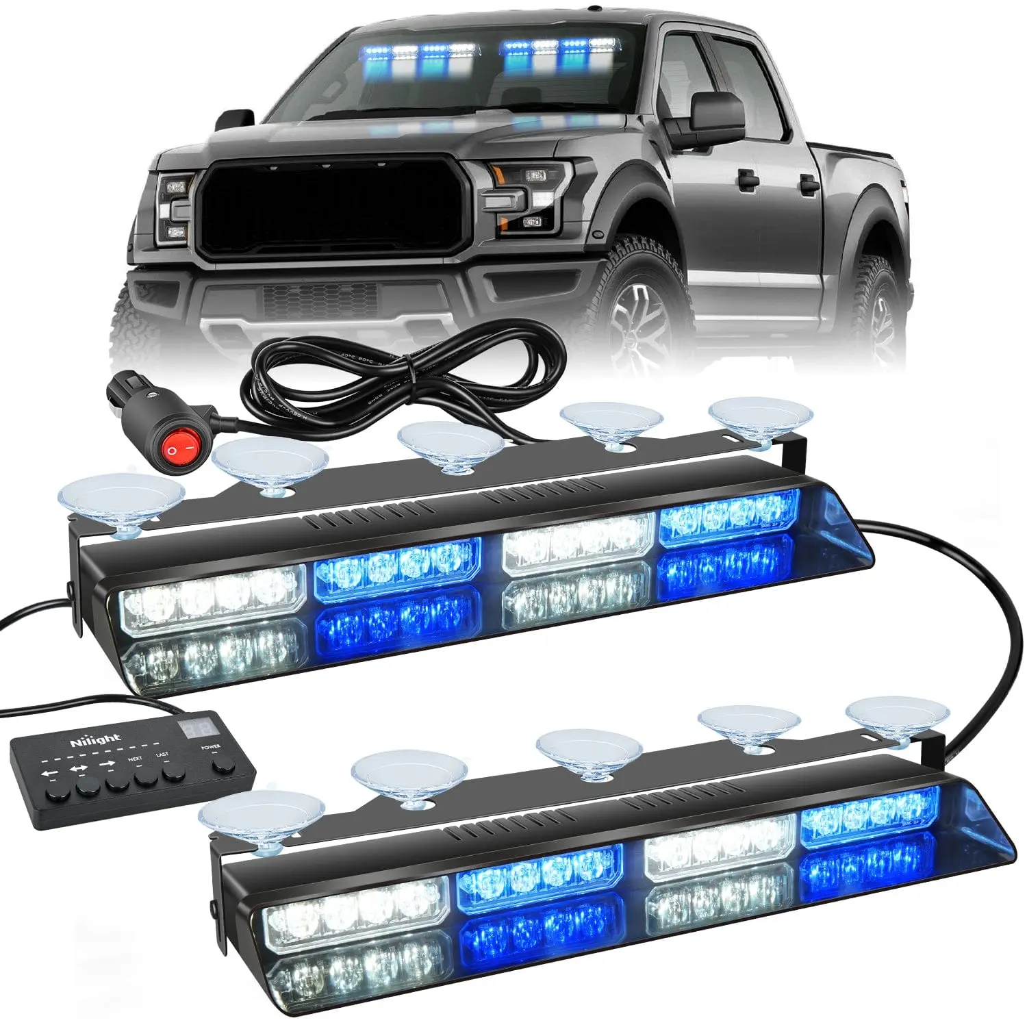 Nilight 32-Bulb Blue White LED Emergency Flash Strip Bar Work Light, 12V-24V Truck/Semi Truck Accessories, First Responder Vehicle Light with Controller, Tool-Free Suction Cups, Adjustable Bracket, 12.8ft Wire, Surface Mount (1Pc), Law Enforcement