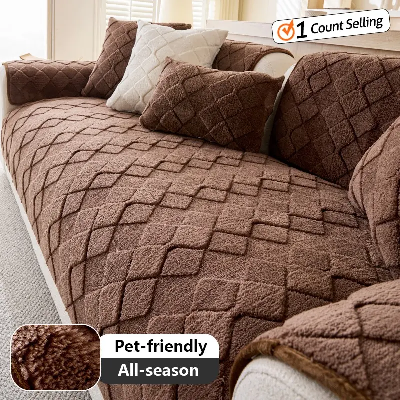 1pc Winter Warm Fuzzy Sofa Cushion Anti‑Slip Pet Friendly Couch Protector Soft Plush Sofa Cover Sofa Slipcover for 1/2/3 Seater Sofa