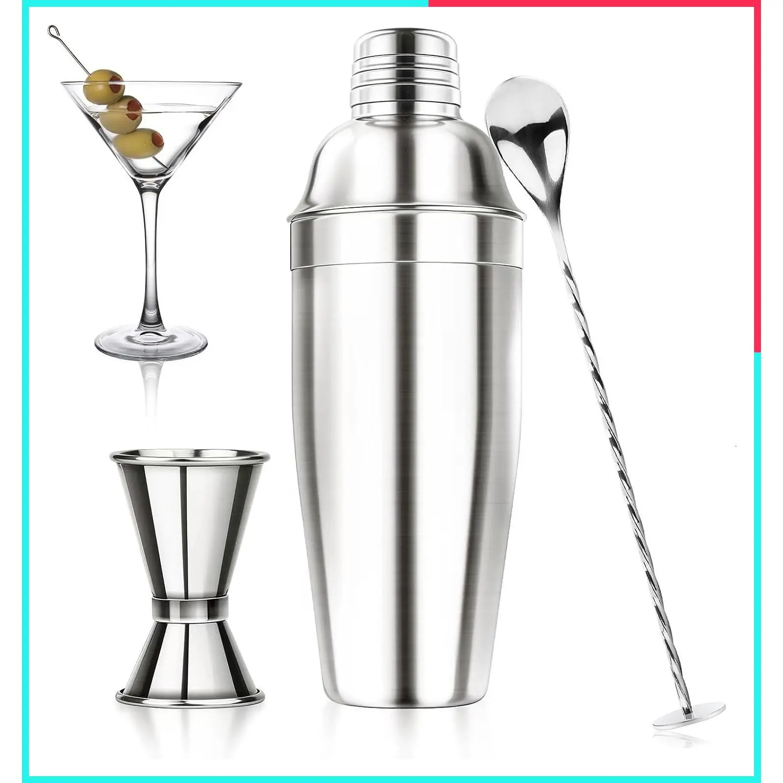24oz Stainless Steel Cocktail Shaker Set with Built-in Strainer, Jigger & Mixing Spoon, Martini Drink Mixer Kit, Ideal Bar Accessories for Beginners & Home Bar